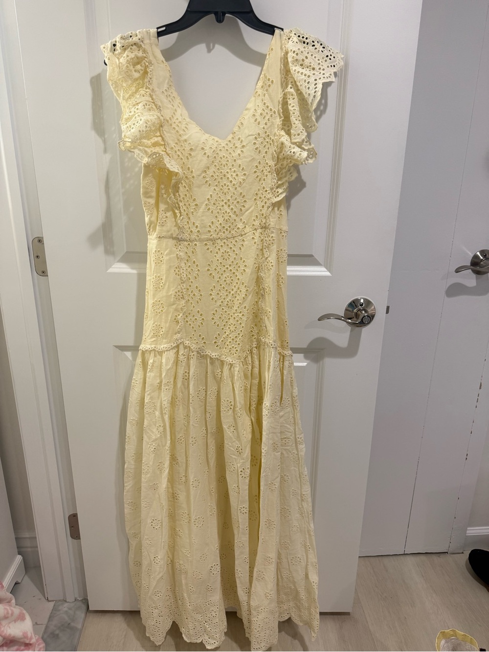 Love Shack Fancy Women's yellow Eyelet Maxi Dress with Ruffle Sleeves NWT